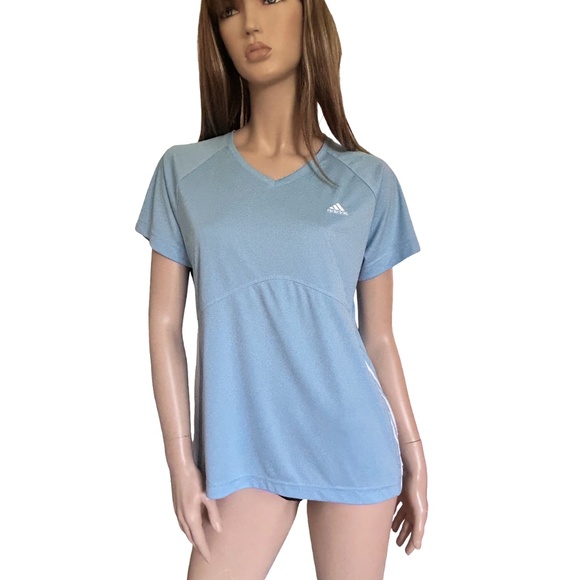 Adidas 3 Stripe Fitness Top Shirt Pullover V-Neck Baby Blue Yoga Gym Active Wear - Picture 8 of 12
